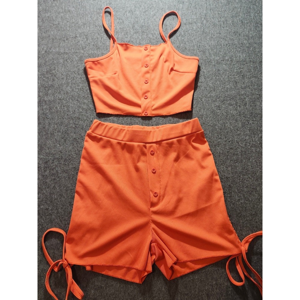 Shein 2‎ Piece Ribbed Short Set Junior's Size Small  Orange